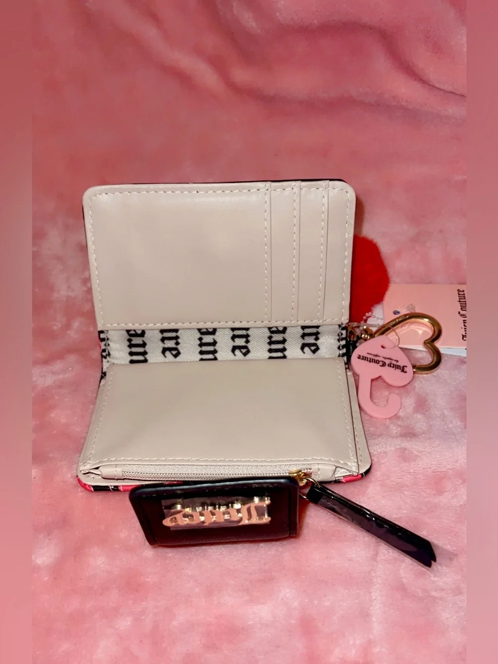 Juicy Couture Black Cherry Print Wallet with Red Cherry Pom Charm